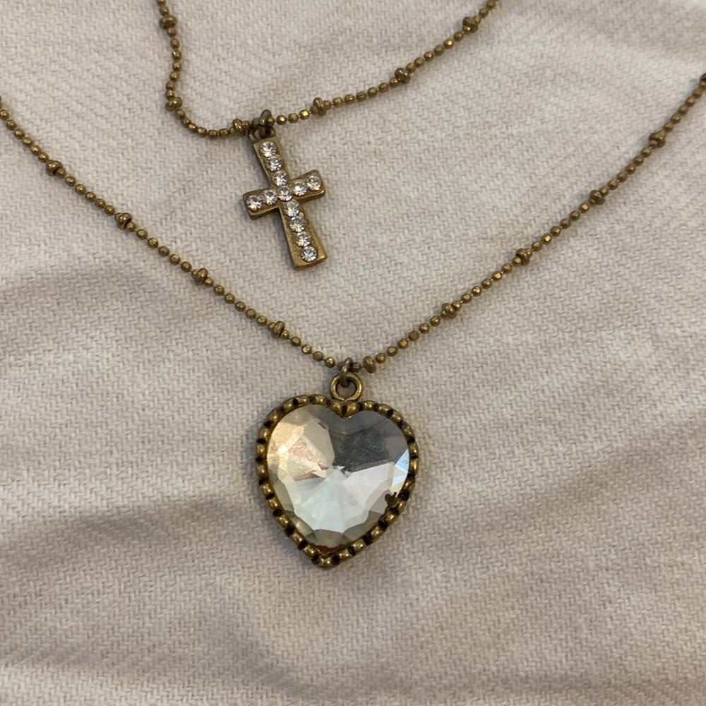 Betsey Johnson Double-Strand Heart and Cross Crystal Necklace